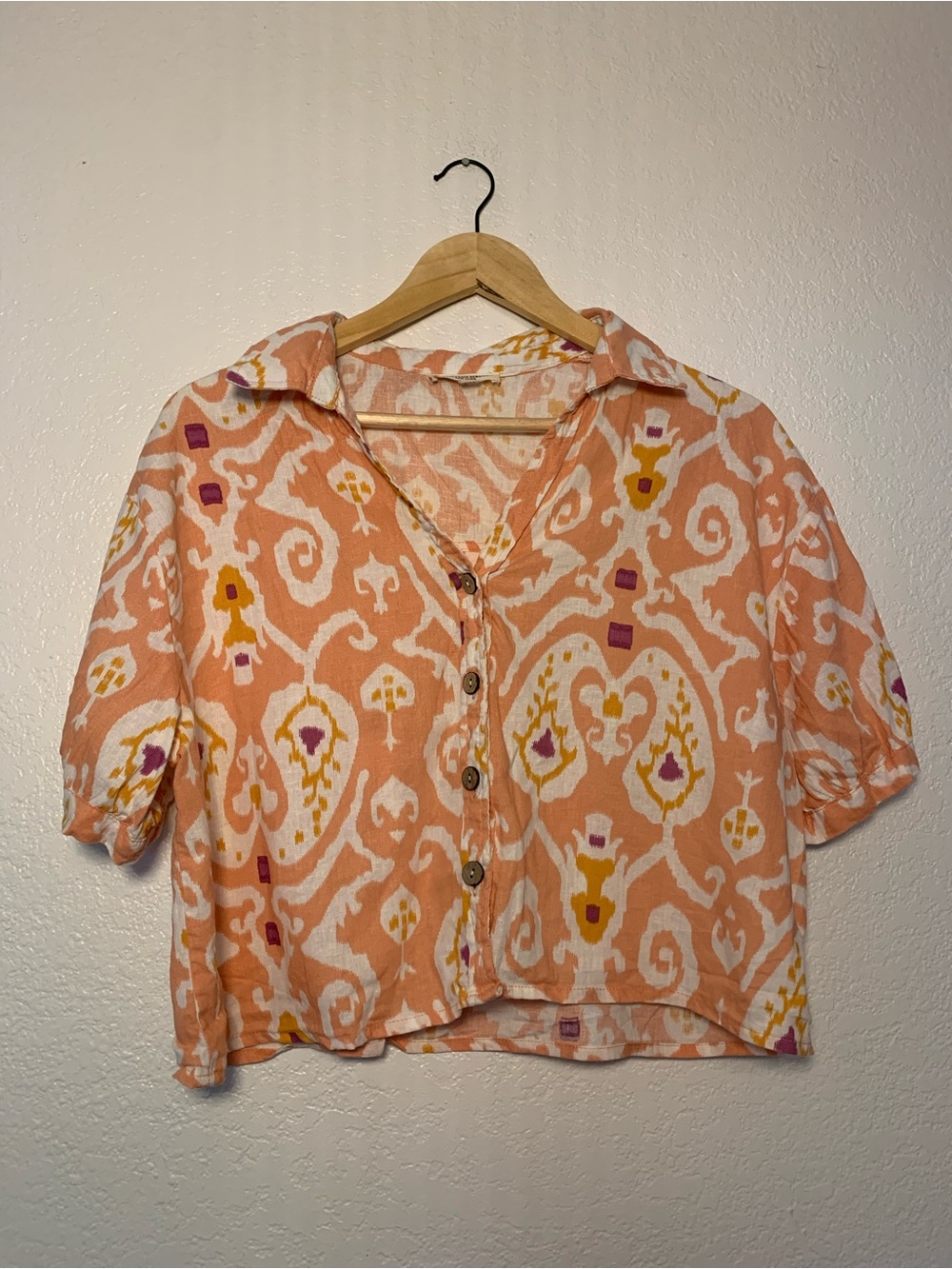 Christian Siriano Linen Rayon Blend Peach White Short Sleeve Button-Down | L - Picture 2 of 14